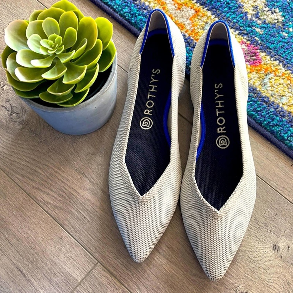 Rothy's Pointed Toe Flats in Light Beige with Blue Lining
